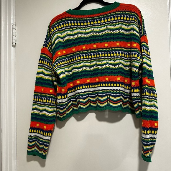 Women’s Large Striped Cropped Crewneck Sweater. Scalloped Hem. Oversized. - Picture 3 of 11